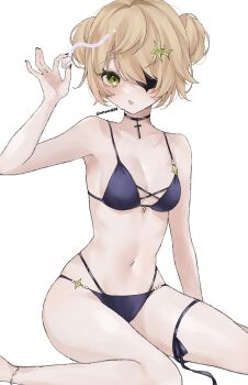 Rule 34 | 1girl, :o, alternate costume, alternate hairstyle, bare shoulders, bikini, black bikini, black choker, blonde hair, breasts, choker, collarbone, commentary, eyepatch, feet out of frame, fischl (genshin impact), genshin impact, green eyes, hair ornament, hand up, highres, holding seashell, looking at viewer, maguro (minase1684), medium breasts, navel, simple background, sitting, solo, star (symbol), star hair ornament, stomach, swimsuit, thigh strap, white background
