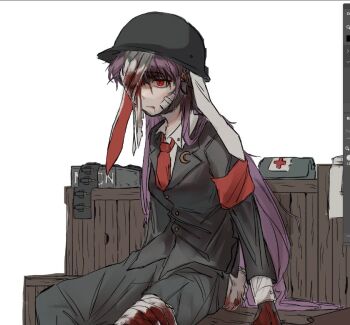 Rule 34 | 1girl, alternate costume, ammunition, animal ears, armband, bad id, bad twitter id, bandages, black gloves, black jacket, black pants, blood, blood drip, blood on clothes, blood on face, blood on gloves, blood on hands, blood stain, bloody bandages, box, breasts, bullet, buttons, collared shirt, commentary, crescent, crescent pin, cross, depressed, english commentary, gloves, helmet, injury, jacket, long hair, medium breasts, moon, moon (ornament), necktie, pale skin, pants, ptsd, purple hair, rabbit ears, rabbit girl, rabbit tail, red armband, red cross, red eyes, red necktie, reisen udongein inaba, shirt, simple background, soldier, sparkle71059204, tail, touhou, very long hair, white background, white shirt, wooden box