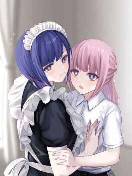 2girls absurdres apron back blue_eyes blue_hair bright_pupils eyebrows_hidden_by_hair highres hug indoors kaf_(kamitsubaki_studio) kamitsubaki_studio kizakura_art long_hair looking_at_viewer looking_back maid maid_apron maid_headdress multicolored_hair multiple_girls open_mouth purple_hair red_hair rim_(kamitsubaki_studio) short_hair upper_body virtual_youtuber yuri