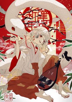 1other absurdres artist_name bachi barefoot biwa_lute chinese_zodiac commentary_request earrings eyeshadow fangs grey_hair hakama hakama_pants happy_new_year higan_ame highres holding holding_instrument holding_lute holding_plectrum instrument japanese_clothes jewelry knee_up lute_(instrument) makeup new_year open_mouth original pants plectrum red_eyes red_nails seal_impression short_hair sitting slit_pupils smile snake solo spread_legs translation_request white_snake wide_sleeves year_of_the_snake