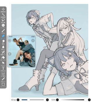 3girls ange_katrina animal_ears animal_hair_ornament ankle_boots art_program_in_frame art_program_request bent_over beret blue_background boots braid closed_mouth contrast_lapels crown_hat_ornament derivative_work dog_ears elbow_rest gloves greyscale_with_colored_background hair_behind_ear hair_between_eyes hair_intakes hair_ornament hand_on_own_back hand_up hat head_rest high_heel_boots high_heels highres inui_toko jacket lapels leg_ribbon lize_helesta long_hair looking_at_viewer lying medium_hair multiple_girls neck_ribbon nijisanji on_side one_ear_down open_mouth photo-referenced photo_inset reference_inset ribbon sanbaka_(nijisanji) sanbaka_anniversary_outfit short_sleeves shorts single_hair_intake sitting sketch sntkkn socks standing tassel thighhighs very_long_hair virtual_youtuber wrist_cuffs wrist_ribbon