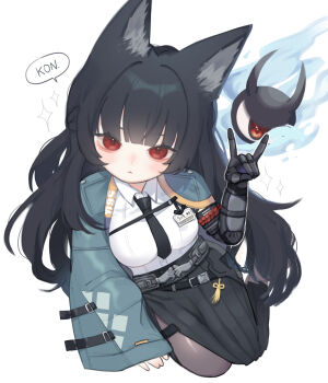1girl 5x9_45 animal_ear_fluff animal_ears aqua_jacket arm_out_of_sleeve black_hair black_necktie black_skirt blunt_bangs brown_pantyhose commentary_request fingerless_gloves fox_ears fox_girl gauntlets gloves high-waist_skirt highres hoshimi_miyabi jacket long_hair long_skirt looking_at_viewer necktie open_mouth pantyhose red_eyes shirt simple_background single_fingerless_glove single_gauntlet sitting skirt sparkle speech_bubble tailless_(zenless_zone_zero) white_background white_shirt yokozuwari zenless_zone_zero