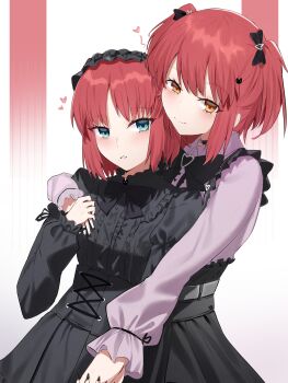 2girls absurdres affectionate alternate_costume alternate_hairstyle black_bow black_dress blue_eyes blush bow closed_mouth commentary coti_neko dress english_commentary hair_bow heart highres hisui_(tsukihime) hug hug_from_behind jirai_kei kohaku_(tsukihime) looking_at_viewer multiple_girls red_background red_hair siblings sisters smile standing tsukihime two_side_up white_background yellow_eyes