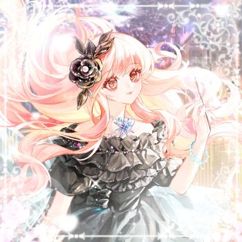 1girl aegyo_sal aerial_fireworks artist_request bare_shoulders bead_bracelet bead_necklace beads black_bow black_dress black_flower bow bracelet brown_eyes camellia castle closed_mouth collarbone commentary_request commission dress dress_bow eyelashes fireworks floating flower frilled_dress frills gown hair_flower hair_ornament happy hexagram highres holding holding_fireworks jewelry leaf_hair_ornament light_blush light_smile long_dress long_hair long_sidelocks looking_ahead necklace night night_sky nikki_(nikki) nikki_(series) off-shoulder_dress off_shoulder outdoors picture_frame pink_hair pink_lips second-party_source short_sleeves sidelocks sky solo sparkle sparkler star_(symbol) star_necklace upper_body very_long_hair