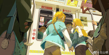 absurdres aqua_eyes beishan_qi blonde_hair brown_pants closed_mouth contemporary cowboy_shot green_jacket highres holding_hands jacket korok link long_hair long_sleeves low_ponytail nintendo open_mouth pants people pointy_ears ponytail princess_zelda reflection smile teeth the_legend_of_zelda train train_interior upper_teeth_only