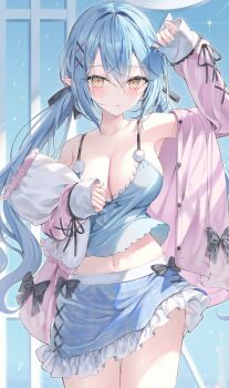 1girl ahoge arm_up black_bow blue_camisole blue_hair blue_nails blue_skirt blush bow breasts camisole cleavage collarbone colored_tips commentary_request fingernails frilled_skirt frills hair_between_eyes highres hololive jacket large_breasts long_hair long_sleeves looking_at_viewer low_twintails midriff multicolored_hair nail_polish navel open_clothes open_jacket parted_lips pillow pink_jacket plaid_clothes plaid_skirt pointy_ears rin_yuu skirt sleeves_past_wrists solo stomach twintails very_long_hair virtual_youtuber yellow_eyes yukihana_lamy