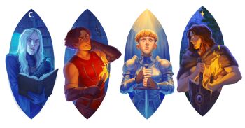 1girl 3boys armor bare_shoulders black_hair black_robe book brown_gloves cahara_(fear_&amp;_hunger) capelet closed_mouth commentary crescent_moon d'arce_(fear_&amp;_hunger) elbow_gloves english_commentary enki_(fear_&amp;_hunger) fear_&amp;_hunger_(series) fear_&amp;_hunger_1 fingerless_gloves fold-over_gloves fur_capelet gloves grey_hair highres holding holding_book holding_sword holding_torch holding_weapon knight long_hair moon multiple_boys open_book orange_hair pauldrons ragnvaldr_(fear_&amp;_hunger) reading red_hair reverse_grip robe short_hair shoulder_armor sword torch weapon zero1qn2