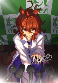 1girl absurdres agnes_tachyon_(umamusume) ahoge animal_ears bow bowtie brown_hair chemical_structure closed_mouth commentary earrings english_commentary hair_between_eyes highres horse_ears horse_girl horse_tail jewelry kiora06 lab_coat long_sleeves medium_hair microphone pleated_skirt purple_serafuku purple_shirt purple_skirt red_eyes sailor_collar sailor_shirt school_uniform serafuku shirt single_earring skirt smile solo tail tracen_school_uniform umamusume white_bow white_bowtie wolf_cut