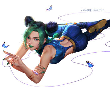 1girl armlet bare_arms bare_shoulders belt birthmark braid braided_bun bug butterfly closed_mouth cone_hair_bun double_bun eyebrows_hidden_by_hair full_body green_eyes green_lips green_nails hair_bun hand_on_own_arm highres insect jewelry joestar_birthmark jojo_no_kimyou_na_bouken kdash kuujou_jolyne light_smile lipstick looking_at_viewer lying makeup multicolored_hair multiple_braids nail_polish pants simple_background solo stone_ocean string string_around_finger watermark white_background