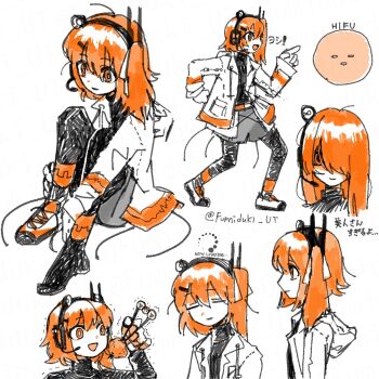 1girl a.i._voice adachi_rei adjusting_footwear black_pantyhose black_shirt buffering chicken_(food) chopsticks closed_mouth commentary_request food fried_chicken fumizuki_fumi genba_neko_(meme) grey_shorts hair_down hair_over_one_eye hair_ribbon headset highres holding holding_chopsticks holding_with_chopsticks hood hood_down hooded_jacket jacket loading_icon long_hair long_sleeves medium_hair meme multiple_views official_alternate_hairstyle one_side_up open_mouth orange_eyes orange_hair pantyhose pantyhose_under_shorts pointing radio_antenna ribbon shirt shoes shorts simple_background smile sneakers translation_request trembling twitter_username utau white_background white_ribbon