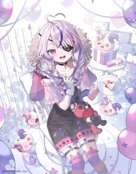 1girl :d ahoge balloon box braid cake cake_slice chair choker commentary_request copyright_name eyepatch fence food frilled_shirt frills from_above gift gift_box gloves hat heart heart_ahoge heart_balloon holding holding_saucer karo_(karohroka) looking_at_viewer maria_marionette maria_marionette_(farmer) marippet_(maria_marionette) medium_hair multicolored_hair nijisanji nijisanji_en off-shoulder_shirt off_shoulder official_alternate_costume official_alternate_hairstyle official_art on_chair open_mouth overalls petals pink_eyes pink_hair plant purple_hair ribbon sample_watermark saucer shirt sir_ventrilo_(maria_marionette) sitting smile solo straw_hat streaked_hair teeth twin_braids upper_teeth_only vines virtual_youtuber watermark white_gloves