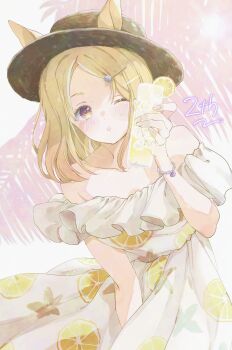 1girl absurdres animal_ears bare_shoulders blonde_hair blush bracelet breasts collarbone cup dress ears_through_headwear food fruit glass hair_ornament hairclip hat highres holding holding_cup horse_ears horse_girl jewelry lemon lemon_slice lemonade looking_at_viewer narita_top_road_(umamusume) off-shoulder_dress off_shoulder one_eye_closed open_mouth purple_eyes short_hair solo sundress umamusume white_dress yoiisand