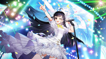1girl :d absurdres ahoge belt black_eyes black_hair blunt_bangs bow bowtie dress from_below hair_ornament highres holding holding_microphone layered_dress long_hair microphone microphone_stand mika_pikazo official_art one_eye_closed open_mouth pointing pointing_to_the_side screen second-party_source smile solo spotlight stage thigh_strap utahime_dream wristband x_hair_ornament yumesaki_ibuki