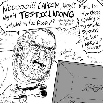 1boy absurdres bb_(baalbuddy) controller english_text game_controller glasses greyscale highres holding holding_controller holding_game_controller looking_at_object monochrome original round_eyewear solo sound_effects speech_bubble surprised