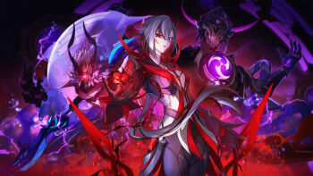 1girl 2boys alternate_form arlecchino_(cinder_of_two_worlds&#039;_flames)_(genshin_impact) arlecchino_(genshin_impact) black_eyes black_gloves black_hair black_pants bow_(weapon) breasts bright_pupils coat cowboy_shot electricity fingernails fire floating_hair genshin_impact gloves glowing glowing_eye grey_hair hair_between_eyes highres holding holding_bow_(weapon) holding_weapon joints long_fingernails long_hair long_sleeves looking_at_viewer low_ponytail mecha mitsudomoe_(shape) multicolored_hair multiple_boys no_eyes official_alternate_costume one-eyed pants parted_lips plunging_neckline ponytail pyrokinesis red_background red_nails red_pupils robot robot_joints sakon04 scaramouche_(genshin_impact) scaramouche_(shouki_no_kami)_(genshin_impact) sharp_fingernails sparkle standing streaked_hair symbol-shaped_pupils tartaglia_(foul_legacy_transformation)_(genshin_impact) tartaglia_(genshin_impact) tomoe_(symbol) vision_(genshin_impact) weapon whale white_coat white_hair x-shaped_pupils