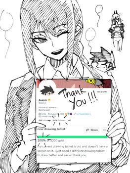 2girls artist_self-insert balloon business_suit cake chainsaw_man english_text food formal_clothes highres holding holding_cake holding_food ko-fi_username looking_at_viewer makima_(chainsaw_man) medium_hair multiple_girls one_eye_closed power_(chainsaw_man) sketch suit surprised thank_you zeon_(zzeeonn)