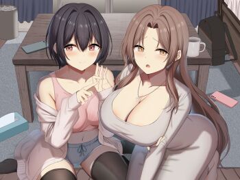 2girls :o :t absurdres areola_slip arm_under_breasts backpack bag bed black_hair black_thighhighs blue_shorts blush breasts brown_eyes brown_hair cardigan cellphone closed_mouth collarbone curtains dress grey_dress hair_between_eyes highres indoors jewelry kanikou large_breasts long_hair long_sleeves looking_at_viewer medium_breasts multiple_girls navel necklace no_bra open_mouth original phone pink_tank_top rug short_hair short_shorts shorts sidelocks sitting smartphone sweater table tank_top thighhighs tissue_box trash_can used_tissue wariza white_cardigan window wooden_floor