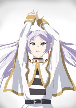 1girl absurdres arms_up belt black_belt dress earrings elf frieren green_eyes highres jewelry long_hair long_sleeves looking_at_viewer parted_bangs pointy_ears solo sousou_no_frieren tonotyama twintails white_dress white_hair