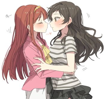 2girls black_skirt brown_hair closed_eyes face-to-face frilled_skirt frills from_side hairband hands_on_another&#039;s_waist hano9789 heart highres idolmaster idolmaster_million_live! imminent_kiss jacket kitazawa_shiho korean_commentary long_hair long_sleeves looking_at_another multiple_girls pink_jacket profile red_hair shirt short_sleeves simple_background skirt striped_clothes striped_shirt t-shirt tanaka_kotoha white_background yellow_hairband yuri
