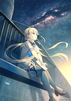 1girl anemoi ascot awayuki_hiiro black_hairband black_ribbon black_shoes blonde_hair blue_sailor_collar building closed_mouth commentary_request crossed_legs dress foot_dangle full_body garter_straps hair_ribbon hairband high_heels highres holding holding_paper holding_pen koh_rd light_particles long_hair low_twintails nebula night night_sky official_art outdoors paper pen pink_eyes railing ribbon sailor_collar sailor_dress school_uniform shoes short_sleeves sitting sky smile solo star_(sky) starry_sky twintails very_long_hair white_ascot white_dress