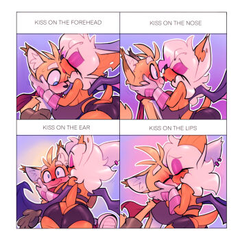 1boy 1girl 4koma age_difference animal_ear_fluff animal_ears animal_nose ass bat_ears bat_girl bat_tail bat_wings bigdad blue_eyes blush breasts brown_gloves cape cleavage closed_eyes comic commentary english_commentary english_text eyeshadow fox_boy furry furry_female furry_male gloves hetero interspecies kiss kiss_chart kissing_ear kissing_forehead kissing_nose large_breasts makeup multiple_drawing_challenge multiple_tails nose_blush onee-shota purple_eyeshadow red_cape rouge_the_bat snout sonic_(series) sweat tail tails_(sonic) thick_eyebrows uncommon_stimulation white_fur wings