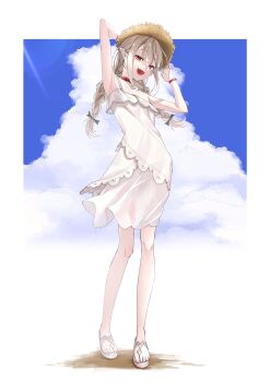 1girl 896_hakuro arms_up bangle bare_shoulders black_ribbon blunt_bangs border bracelet braid cloud collar collarbone cumulonimbus_cloud dress fangs full_body grey_hair hair_ribbon hands_on_headwear hat highres jewelry long_hair makaino_ririmu makaino_ririmu_(3rd_costume) multicolored_hair nijisanji open_mouth platform_sandals pointy_ears red_collar red_eyes red_hair ribbon sandals skin_fangs sky sleeveless sleeveless_dress smile solo standing strap_slip straw_hat streaked_hair sundress twin_braids virtual_youtuber white_border white_dress yellow_hat