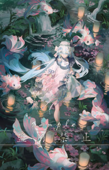 1girl absurdres animal beret blue_eyes blue_hair closed_mouth dress earrings eyelashes fish flower full_body gradient_clothes gradient_dress grass hair_between_eyes hair_flower hair_ornament hat hat_flower hat_ornament highres holding_lamp image_sample jewelry lamp looking_at_animal lyrics800 mandarin_collar mihuashi_sample original outdoors pink_flower sample_watermark see-through_clothes sidelocks single_earring single_wrist_cuff smile solo tassel tassel_earrings twintails walking water watermark white_flower white_hat wrist_cuffs