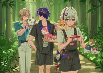 1girl 2boys absurdres afureru_colors alternate_costume animal animal_on_shoulder aventurine_(honkai:_star_rail) black_jacket black_overalls black_shorts blonde_hair blue_eyes camera chimera_(honkai:_star_rail) closed_mouth commentary cowboy_shot dr._ratio_(honkai:_star_rail) egg english_commentary forest hair_ornament hair_over_one_eye highres holding holding_animal holding_camera holding_egg honkai:_star_rail honkai_(series) jacket multicolored_hair multiple_boys nature outdoors overalls pants parted_lips purple_eyes purple_hair shirt short_hair short_sleeves shorts streaked_hair tinted_eyewear topaz_(honkai:_star_rail) tree white_pants white_shirt