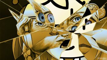 1girl antennae arthropod_girl artist_name baloolax bee_girl blonde_hair blue_eyes braid broken_glass closed_mouth commentary empty_eyes english_commentary glass highres hololive hololive_english insect_girl lips looking_at_viewer pocket_watch portrait realistic screaming smile smol_ame solo straight-on twitter_username virtual_youtuber watch watson_amelia yellow_theme |_|