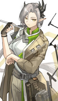 1girl absurdres arknights belt black_belt coat commentary_request cow cowboy_shot earrings expressionless fingerless_gloves gloves grey_hair hand_up highres holding horns jewelry machine medium_hair nasti_(arknights) pointy_ears shirt single_earring single_glove solo white_background yagi000 yellow_eyes