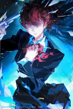 1girl absurdres black_jacket black_skirt bow bowtie chinese_commentary closed_mouth commentary_request corrupted_twitter_file cowboy_shot evoker glass_shards gun gun_to_head hair_between_eyes hair_ornament hairclip hand_on_own_chest highres holding holding_gun holding_weapon jacket long_sleeves looking_at_viewer persona persona_3 persona_3_portable qchng red_bow red_bowtie red_eyes red_hair shiomi_kotone skirt solo watermark weapon wing_collar