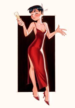 ^_^ ahoge black_background black_hair border breasts cleavage closed_eyes collarbone commentary cup dress earrings friedbaens full_body high_heels highres holding holding_cup jewelry original outside_border red_dress red_shoes shoes short_hair side_slit simple_background smile solo symbol-only_commentary very_short_hair white_border