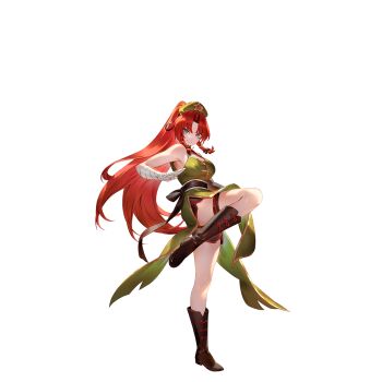 1girl adapted_costume alternate_hairstyle bandaged_hand bandages bike_shorts black_boots black_bow blue_eyes boots bow braid breasts cleavage cleavage_cutout closed_mouth clothing_cutout commentary_request dress fighting_stance full_body game_cg green_dress hat hat_ornament highres hong_meiling leg_up long_hair non-web_source official_art pelvic_curtain ponytail red_hair second-party_source side_slit sleeveless sleeveless_dress smile solo star_(symbol) star_hat_ornament thigh_strap thighs touhou touhou_gensou_eclipse transparent_background twin_braids u_u_zan very_long_hair