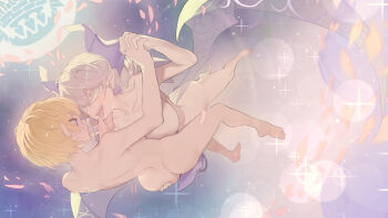 Rule 34 | 2girls, ass, blue eyes, breasts, commentary request, commission, completely nude, demon wings, drill hair, duel monster, earrings, full body, grey eyes, grey hair, highres, holding hands, interlocked fingers, jewelry, knight (yu-gi-oh!), large breasts, lovely labrynth of the silver castle, low wings, multiple girls, nude, open mouth, pink petals, pixiv commission, pointy ears, ro g (oowack), short hair, slit pupils, transparent wings, twin drills, white wings, wings, yu-gi-oh!, yuri