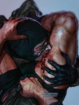 2boys bara biting biting_another&#039;s_leg black_gloves black_male_underwear black_shirt blood blood_from_mouth call_of_duty call_of_duty:_modern_warfare_2 closed_eyes ghost_(modern_warfare_2) gloves highres male_focus male_underwear mask multiple_boys muscular muscular_male shirt skull_mask soap_(modern_warfare_2) solo_focus thick_thighs thighs umikochannart underwear yaoi