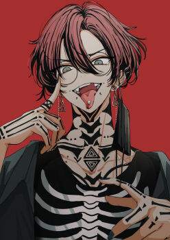 1boy absurdres arm_tattoo black_nails black_shirt collarbone commentary ear_piercing english_commentary finger_tattoo fingernails green_eyes hair_between_eyes highres male_focus nail_polish neck_tattoo niwa281610 original piercing red_background red_hair shirt skeleton_print solo tattoo teeth tongue tongue_out tongue_piercing