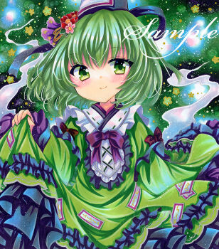 1girl alternate_costume bib_collar black_hat blush bow closed_mouth commentary_request dress flower frilled_dress frilled_shirt_collar frilled_sleeves frills ghost_tail green_dress green_eyes green_hair hair_ornament hat kanzashi long_sleeves looking_at_viewer marker_(medium) ofuda ofuda_on_clothes pink_flower red_bow red_flower ribbon-trimmed_collar ribbon_trim rui_(sugar3) sample_watermark short_hair skirt_hold sleeve_bow smile soga_no_tojiko solo tate_eboshi touhou traditional_media watermark
