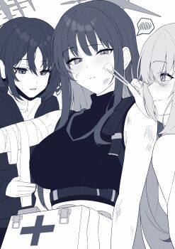 3girls absurdres atsuko_(blue_archive) bandaged_arm bandages blue_archive blush breasts closed_mouth commentary_request first_aid_kit halo highres large_breasts long_hair misaki_(blue_archive) monochrome multiple_girls oiru_(613) open_mouth saori_(blue_archive) speech_bubble spoken_blush
