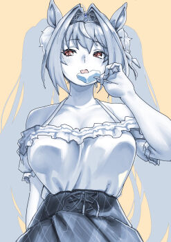 1girl absurdres animal_ears antenna_hair bare_shoulders commentary_request daiwa_scarlet_(casual)_(umamusume) daiwa_scarlet_(umamusume) food frilled_shirt frills from_below greyscale_with_colored_background hair_between_eyes hair_intakes hair_ornament highres holding holding_food holding_popsicle horse_ears horse_girl licking long_hair off-shoulder_shirt off_shoulder popsicle shirt shirt_tucked_in skirt solo tiara tongue tongue_out twintails umamusume utsuke_(u_tuk_e) very_long_hair yellow_background