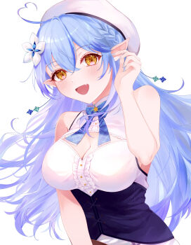 Rule 34 | 1girl, absurdres, ahoge, beret, black corset, blue hair, blue nails, blue streaks, breasts, cleavage, cleavage cutout, clothing cutout, commentary request, corset, elf, fang, flower, hair flower, hair ornament, hat, heart, heart ahoge, highres, hololive, large breasts, long hair, looking at viewer, multicolored hair, nail polish, pointy ears, shirt, sleeveless, sleeveless shirt, smile, solo, streaked hair, very long hair, virtual youtuber, white background, white hat, y w uuu, yellow eyes, yukihana lamy, yukihana lamy (1st costume)