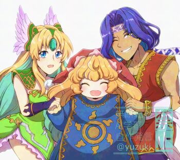 Rule 34 | 1boy, 2girls, armor, artist name, blonde hair, blue tabard, charlotte (seiken densetsu 3), closed eyes, commentary request, dress, forehead jewel, green dress, hawkeye (seiken densetsu 3), helmet, long hair, looking at viewer, low-tied long hair, multiple girls, one eye closed, open mouth, red tunic, riesz, seiken densetsu, seiken densetsu 3, shoulder armor, simple background, smile, tabard, tunic, valkyrie, winged headwear, yuzuki game1126
