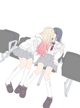 2girls black_hair blonde_hair cardigan commentary gradient_hair grey_shoes grey_skirt highres hoshino_ichika_(project_sekai) kiss kneehighs loafers multicolored_hair multiple_girls pink_hair pleated_skirt project_sekai shoes simple_background sitting skirt sleeves_past_wrists socks tenma_saki uwanosora_03 white_background white_cardigan white_socks yuri