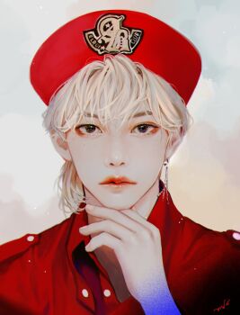 1boy black_eyes blonde_hair earrings felix_(stray_kids) hat highres jewelry male_focus ohnopp portrait real_life realistic red_hat signature single_earring solo straight-on stray_kids