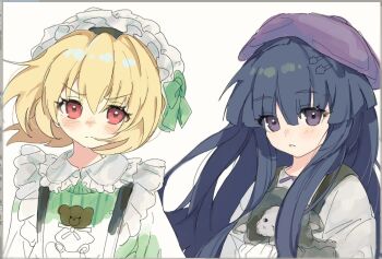 Rule 34 | 2girls, alternate costume, animal print, bear print, beret, blonde hair, blue hair, blunt bangs, blush, blush stickers, bow, bowtie, collar, colored eyebrows, commentary, dress, frilled collar, frilled dress, frills, furrowed brow, furude rika, green dress, green ribbon, hair ornament, hairclip, hat, headdress, higurashi no naku koro ni, holding, holding stuffed toy, houjou satoko, inel-ens, long hair, long sleeves, multiple girls, open mouth, parallel hairclips, purple eyes, red eyes, ribbon, serious, short hair, stuffed animal, stuffed sheep, stuffed toy, untranslatable commentary, upper body, white background
