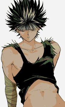 1boy bandaged_arm bandages black_tank_top clothes_lift collarbone gradient_hair hiei4455 hiei_(yu_yu_hakusho) looking_down male_focus multicolored_hair navel red_eyes shirt_lift spiked_hair sweat tank_top white_background yuu_yuu_hakusho