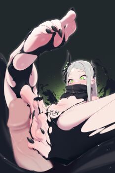 1boy 1girl black_horns black_liquid blush breasts censored commentary_request dark_background erection feet foot_focus footjob goddess_of_victory:_nikke green_eyes grey_hair highres horns leg_up leviathan_(nikke) liquid_clothes long_hair maidforge mosaic_censoring nail_polish navel open_mouth paid_reward_available penis pubic_tattoo sharp_toenails small_breasts tattoo toenail_polish toenails