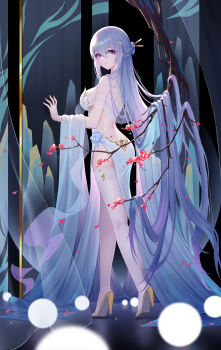 1girl absurdres ass backless_dress backless_outfit bare_shoulders breasts closed_mouth commentary_request dress ermu_(enmmm) from_behind grey_hair hair_between_eyes hair_ornament hair_stick high_heels highres kneepits large_breasts long_hair looking_at_viewer looking_back original purple_eyes smile solo standing thighhighs very_long_hair white_dress white_thighhighs