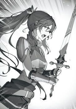 Rule 34 | 1girl, alise lovell, armor, astraea record, belt, breastplate, breasts, dungeon ni deai wo motomeru no wa machigatteiru darou ka, from side, greyscale, highres, holding, holding sword, holding weapon, kakage, long hair, monochrome, novel illustration, official art, open mouth, pauldrons, ponytail, shorts, shoulder armor, small breasts, solo, sword, third-party source, two-handed, vambraces, weapon