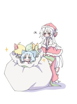 Rule 34 | 4girls, blonde hair, blue bow, blush, bow, christmas, cirno, closed mouth, commentary request, daiyousei, fujiwara no mokou, fur-trimmed headwear, fur trim, grey hair, hair bow, hair ribbon, hat, highres, in container, in sack, long hair, mokotan802, multiple girls, one side up, pants, red eyes, red hat, red pants, red ribbon, ribbon, rumia, sack, santa hat, simple background, smile, squiggle, suspenders, sweatdrop, touhou, very long hair, white background, yellow bow