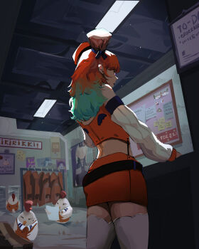 1girl absurdres adventure_time beret bird bulletin_board chef_hat chicken detached_sleeves green_hair hat highres hololive hololive_english indoors kfp kfp_employee_(takanashi_kiara) midriff mini_hat multicolored_hair ninomae_ina'nis ninomae_ina'nis_(1st_costume) orange_hair orange_skirt poster_(object) princess_bonnibel_bubblegum ricebrush skirt takanashi_kiara takanashi_kiara_(1st_costume) thighhighs virtual_youtuber watson_amelia white_thighhighs